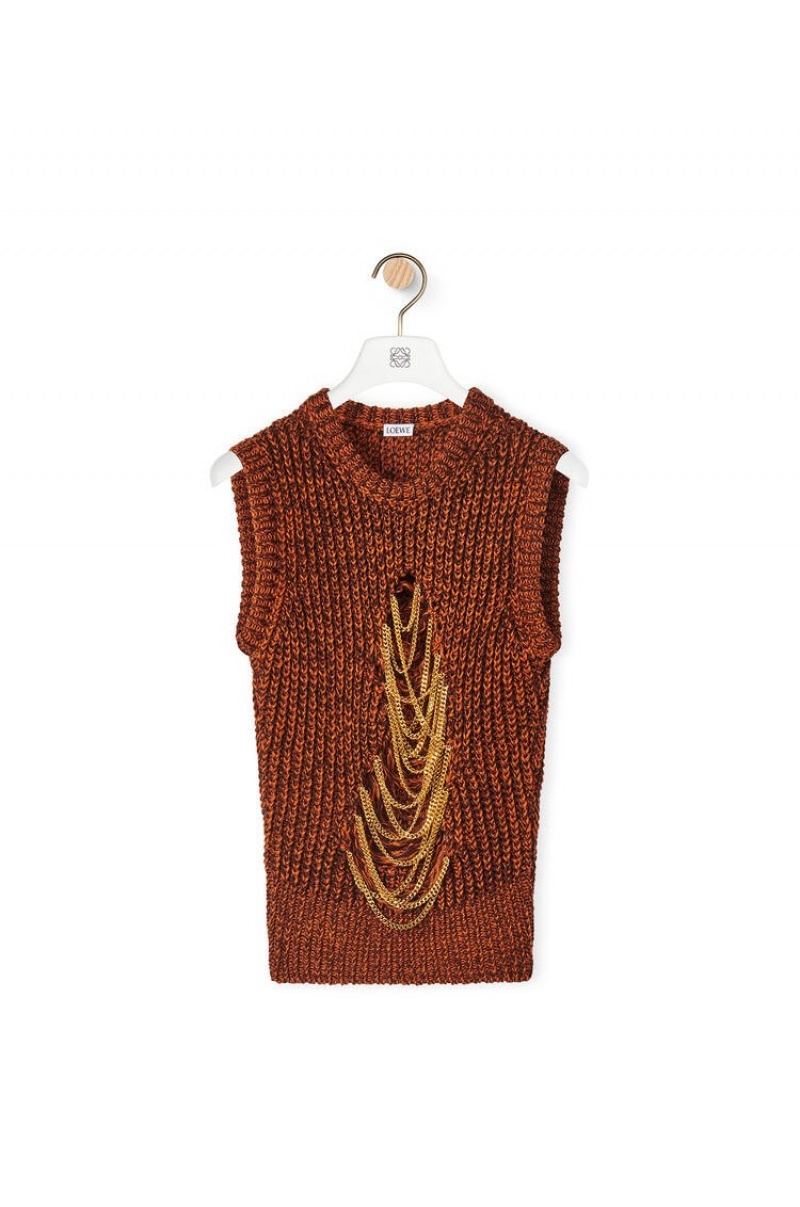 Tops Loewe Ripped chain vest in hemp and linen Mujer Marrones | 142PZVSRI