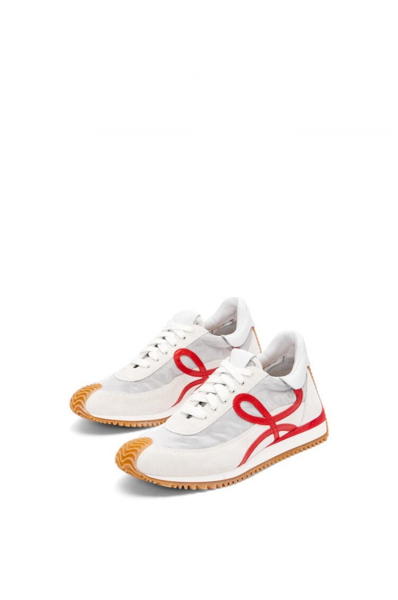 Zapatillas Loewe Flow runner in technical mesh and suede Mujer Plateadas Blancas Rojas | 475IWQXVL